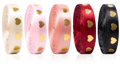 Bofanze 5 Rollen Herz Bedruckt Satinband 1cmx10m Geschenkband Polyester Hochzeit Dekoband Bänder zum Basteln Schleifenband Geschenk Satinband Bunt für Geschenke, Blumen, Hochzeiten(5 Farben)