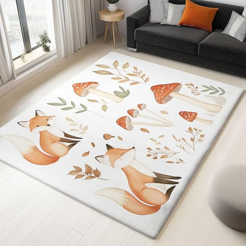 Teppich Kinderzimmer 180x270 cm Aquarell Fuchs Pilz Antirutsch Rechteck Teppich für Wohnzimmer und Schlafzimmer, Waschmaschinenfest, Flanell Kurzflor Eingangsmatte Mehrfarbig