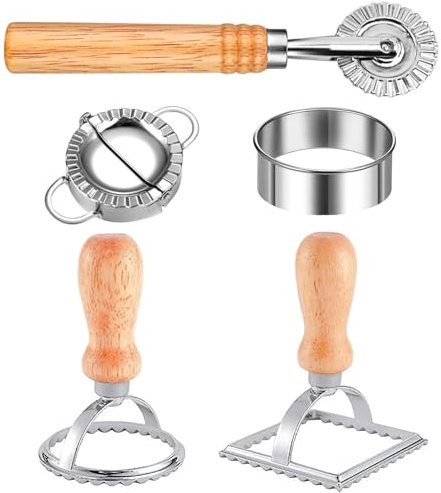5er Set Ravioli Dumpling Maker Former Cutter, Edelstahl Quadratische Runde Herzförmige Ravioli Formerm, Pasta Cutter Wheel, Ausstecher Set für die Herstellung von Ravioli-Knödelformen