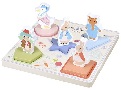 Peter Rabbit Wooden Shape Sorter 3D Puzzle, Educational Character Board with 5 Pieces, Beatrix Potter Classic