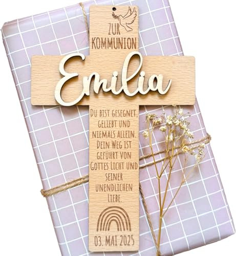 Kommunion Kreuz mit Name aus Holz Kommunionskreuz personalisiert zur ersten heiligen Kommunion – Glückwünsche Kommunionsgeschenk von Großeltern oder für Patenkind