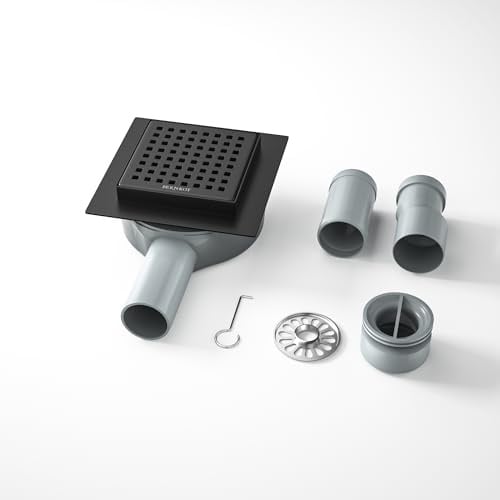 Bernkot Duschrinne Quadrat Edelstahl, 10×10cm Bodenablauf Dusche mit 360° Siphon Geruchsstop und Haarfilter,2 Ablaufadapter DN50 DN40 Duschablauf Flach Ablaufrinne, Schwarz