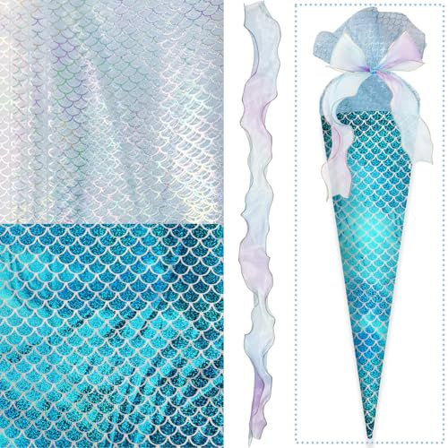 TZEKING Nähset für Schultüten,Inklusive Hologramm 2 Wege Stretch 100×150cm,Tüllstoff Glitzer 100×150cm,Organza Bänder 100cm,Dekostoff für Schultüte Kleidung Handwerk Geburtstag Partydeko Homedeko