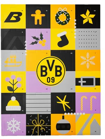 BVB Socken-Adventskalender, 12 Paar Socken, Größe 39-44, Schwarz-Gelb mit Weihnachtsmotiven