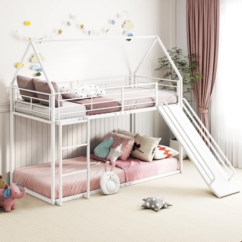 GIANTEX Hochbett 90 x 200 cm, Etagenbett 2 Kinder, Hochbett Kinder mit Rutsche & Leiter, Kinderbett Hausbett mit Rausfallschutz, Kinderhochbett Stockbett für 2 Kinder, Metallbett mit Dach (Weiß)
