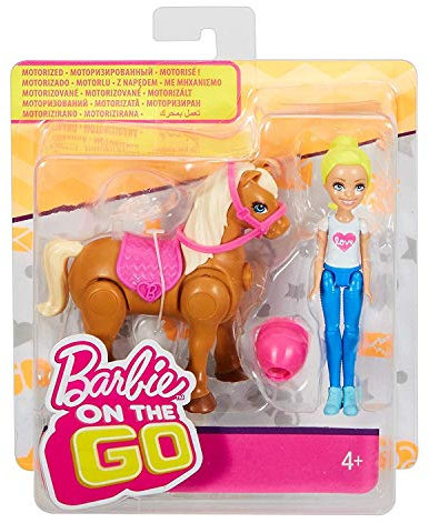 Mattel Barbie fhv63, Barbie On The Go, bambola (bionda) e mini pony, color marrone chiaro con sellino di colore rosa, Modelli/Colori Assortiti, 1 Pezzo