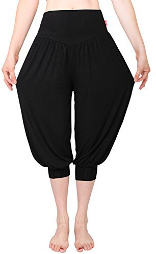 MEISHINE® Sommer Damen 7/10 Abgeschnittene Hose Modal Elastisch Haremshose Pluderhose Pumphose Ideal für Sport Yoga Tanz Jogging Dance (Size L, Schwarz)