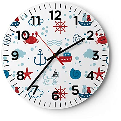 Modern Wanduhr Meer Boot Anker Schiff 40x40cm Rund Groß Wand Uhr Glas Analog Zimmeruhren Küche Büro Wohnzimmer Glasuhr Wall Clock Dekoration Design Wanddekoration Küchenuhr C4AR40x40-2889