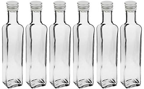 hocz 6x leere Glasflaschen 500ml Schraubverschluss Silber Eckig - kleine Flaschen zum Befüllen mit Deckel - für Saft, Getränke, Likör, Öl, Saucen - 6 Stück, Maraska