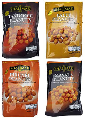 Spicy Nut Snack 4 Pack Selection Roasted Peanuts with Curry Flavour Coatings. Tandoori, Piri Piri, Masala & Balti. Hot Party Nibbles to Spice up Your New Year