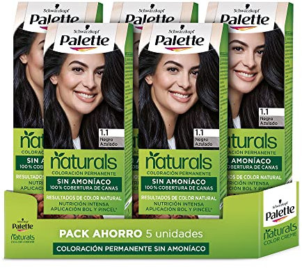 Schwarzkopf Palette Naturals - Tinte 1.1 Negro Azulado - Coloración Permanente Sin Amoníaco- Resultados de Color Natural (Pack de 5)