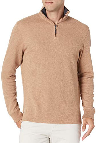 Amazon Essentials Men's Quarter-Zip French Rib Jumper, Camel Heather, M