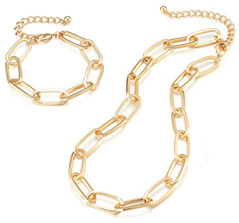 LANE WOODS Goldkette und Armband für Damen, zierliche und klobige Kettenglieder mit Büroklammer-Schmuck-Set, Edelstahl, Alexandrit