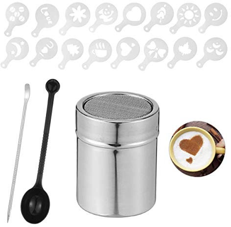 1 Stücke Kakaostreuer, Kaffee Zubehör, Gewürzstreuer Edelstahl, Stainless Steel Powder Sprinklers für Baking and Home Restaurant Cooking mit 16 Pcs Kaffee Cappuccino Schablonen