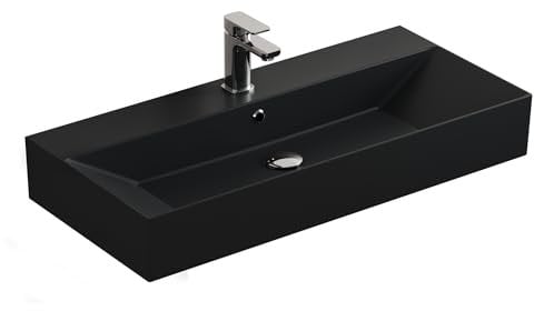 Aqua Bagno | Eckiges Design Waschbecken mit dünnem Rand, Trendfarbe schwarz matt, hochwertige Keramik | 90 x 42 cm