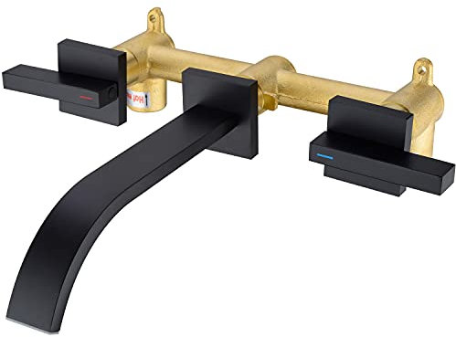 2 Handle Wall Mounted Brass Bathroom Sink Faucet Commercial Waterfall Square Basin Mixer Tap (Rough-In Valve Included), Matte Black