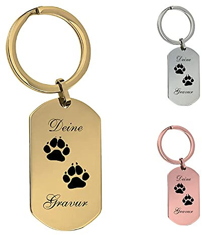 Schlüsselanhänger Hundepfote mit Gravurplatte/und eigener Gravur/Text/Namen/Edelstahl/Gravur auf Vorderseite & Rückseite möglich/Farben: Silber Gold Rosé (Gold)