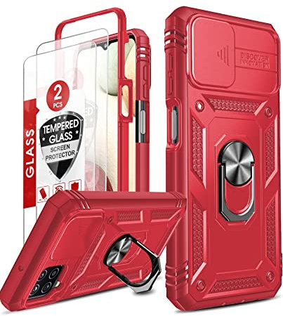 LeYi for Samsung Galaxy A12 5G/M12 Case with Slide Camera Cover and 2 Tempered Glass Screen Protector, Ring Holder Full Body Protective Heavy Duty Shockproof Tough Girl Women Hard Phone Cover, Red