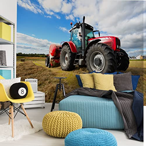 Muralo Fototapete Selbstklebend Jugend, Rotes Traktor - 180x120 cm | Moderne Tapete, hochauflösender Druck, edle Optik - ideal für Kinderzimmer, Tägliche Entdeckerabenteuer