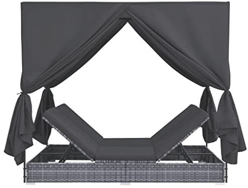 Hommdiy Gartenliege Sonnenliege mit Vorhängen Doppelliege Relaxliege Sonnenbett Doppelbett Gartenmöbel Liege Liegestuhl Poly Rattan Grau