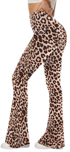 Sundwudu Schwarze Yogahose für Damen – weiche, hohe Taille, Bootcut-Leggings, hohe und Lange Bootleg-Hose für Damen, Leopardenmuster (3), Groß
