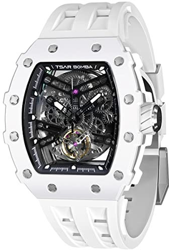 TSAR BOMBA Montre Homme Automatique Luxe Céramique - Mouvement Japonais - Verre Saphir - Étanche 50m - Ceinture en Caoutchouc Fluoré - Tonneau - Calendrier Lumineux