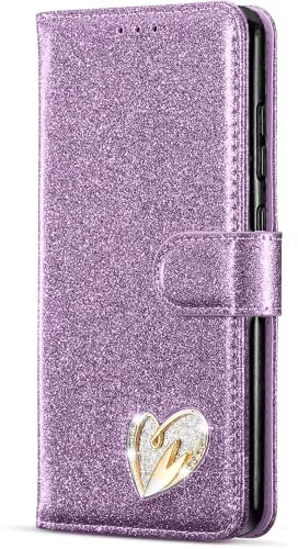 MHtech Case For Apple iPhone 13, Phone Case Shiny Leather Bling Glitter Book Flip Stand Card Wallet Protective Cover For iPhone 13 Phone (Purple)