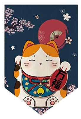 BHADANI Japanische Kurze Vorhänge, Sushi-Shop, Küche, halb hängender Vorhang, glückliche Katze, Dreiecksvorhänge für Schlafzimmer, Türrahmen, Dekoration, Dreiecksvorhang, S8,30 x 50 cm