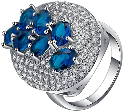 Homxi Bague Argent Anneau Femme,Ovale avec Zircone Cubique Bleu Argent Bague Cuivre Femme Bague de Fiancaille Taille 52