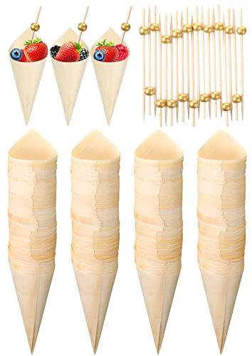 Disposable Wood Cones Pearl Cocktail Picks Fancy Bamboo Toothpicks for Appetizers Wooden Food Picks Ice Cream Cone Holder Cocktail Skewers for Drinks Wedding Birthday Party Supplies(Gold, 400 Pcs)