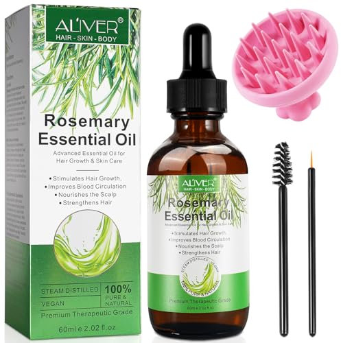 Huile de Romarin pour Cheveux, avec Brosse Massage Cuir Chevelu, Huile Essentielle de Romarin 100% Pure Naturelle, pour la Croissance des Cheveux, Sourcils, Cils, 60ml