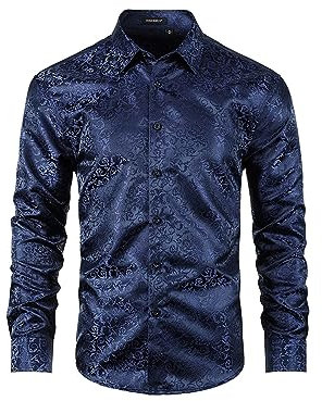 HISDERN Paisley Shirt for Men Jacquard Silk Dress Shirt Long Sleeve Button Down for Weddimg Nightclub Party Satin Shirts Regular Fit Blue L