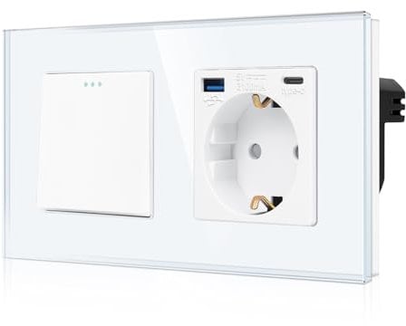 CNBINGO Schuko Steckdose mit Lichtschalter 1 Fach 1 Weg, Glas Steckdose Unterputz mit USB (Typ-C und Typ-A 3,1 Amp total) Modernem Kristallglas Wandplatte mit Leuchtpunkten, Weiß