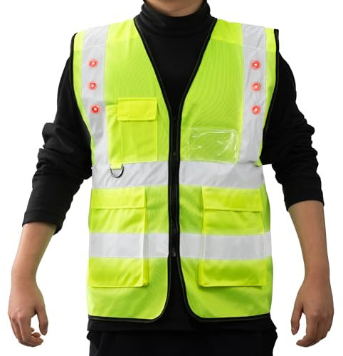 Navaris LED Warnweste mit Taschen - Sicherheitsweste mit Taschen - Mit LED - Warnweste - Reflektierende Warnweste - Warnweste Auto - Sicherheitsweste - Unisex - Größe M