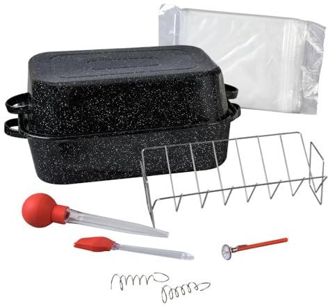 Granite Ware 25 lb Rectangular Roaster Set (10pcs), includes Lid, V-Rack, 2 pack brining bags, oven/grill-safe meat Thermometer, Turkey Baster with sylicon bulb, small brush