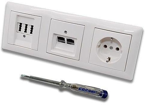 Busch Jäger, Rutenbeck Unterputz Netzwerkdose 10 Gigabit/S 10GbE KAT6A 6A 2xRJ45 Anschluss + EBROM Telefon TAE 3x6 NFN + Steckdose BalanceSi alpinweiß Design + EBROM Phasenprüfer z. Montage d. Geräte