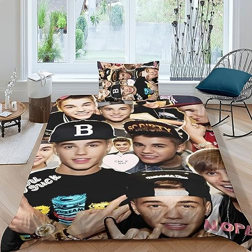 Justin Bieber Bettbezug Set Mädchen Junge Kinder 3D Gedruckter Bettwäschegarnitur Weich Microfaser Reissverschluss Bettwäsche Und Kissenbezüge 2 teilig Single（135x200cm）