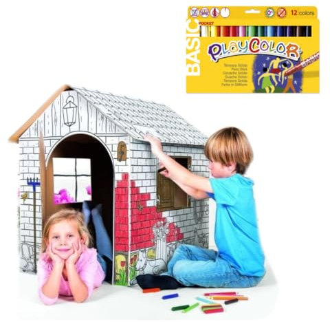 Generisch Begehbares Spielhaus Papp-Haus Bauernhof Batelset DIY inkl. 12 Stück Temperafarben Malstifte