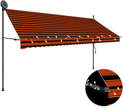 Camerina Einziehbare Markise Handbetrieben mit LED 350 cm Orange Braun Markise Einziehbar Balkonmarkise Klemmmarkise Sonnenschutz Garten