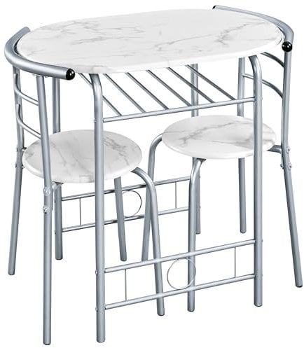 Yaheetech Set Mobili da Bar Tavolo e 2 Sedie Sala da Pranzo Cucina Piccoli Spazi Salvaspazio Balcone per 2 Persone in Legno e Metallo Sedia Portata 136 kg Bianco