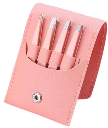 Smbcgdm Lot de 4 pinces à épiler professionnelles en acier inoxydable avec étui en similicuir à pointe plate oblique rose