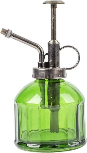 MEETOZ Glass Plant Mister Spray Bottle 200ml, Vintage Style Spritzer Bronze Plastic Top Pump One Hand Watering Can Indoor Plant Spray Bottle for Garden, Plants, Cleaning (Dark Green)