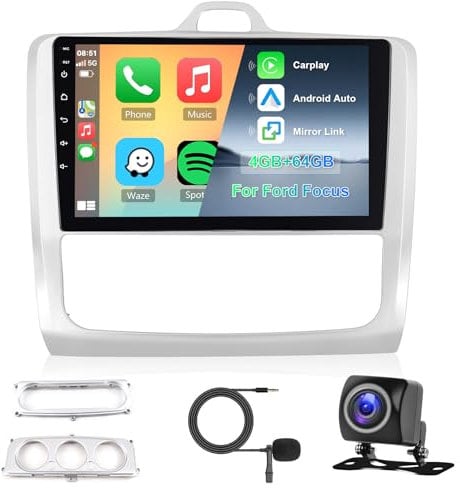 Hodozzy 4G+64G Android Car Stereo for Ford Focus Exi MT 2 3 Mk2/Mk3 2004-2011 8 Core 9 Inch IPS Touch Screen Stereo GPS with Wireless Carplay Android Auto, Radio Bluetooth DSP, WiFi, FM, Backup Camera