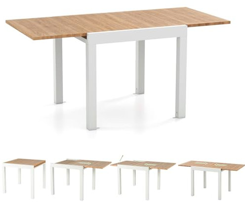 KOMFOTTEU Gartentisch ausziehbarer, Esstisch verstellbar von 80-160 cm, Aluminiumtisch wetterfest für 4-6 Personen, Terrassentisch für Hof, Garten, Pool (Natur+Weiß)