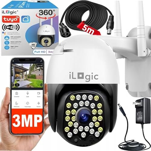 iLogic Überwachungskamera wasserdichte Außenkamera PTZ Full HD mit 5m Kabel - WiFi 360 Grad Kamera Outdoor Kompatibel Mit TUYA Zuhause WLAN Aussen Camera Smart Life 2304x1296p 4X Zoom Nachtkamera