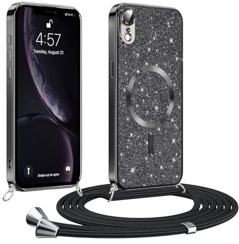 Phoona handyband Hülle für iPhone XR mit Band, Glitzer Handyhülle Kompatibel mit MagSafe, Ganzkörperschutz Kratzfeste Stossfest Schutzhülle mit Einstellbar Kette, Schwarz