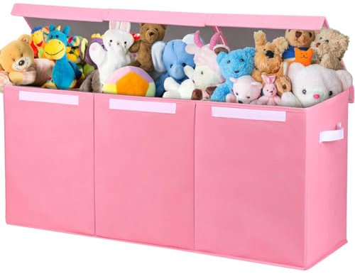 BAKAJI Cajas para juguetes para niños, caja de almacenamiento con tapa y 3 compartimentos, porta juegos de dormitorio plegable de TNT, cajas organizadoras Box capacidad 118 litros, 91,5 x 32 x 40,5 cm