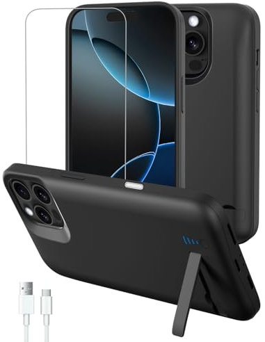 Gladgogo Battery Case for iPhone 16 Pro/iPhone 17(6.3 8500mAh), Ultra Slim Rechargeable Fast Charging Power Bank Charger Case with Screen Protector, Foldable Portable Backup Battery Pack, Black