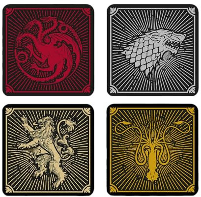 Elbenwald Untersetzer 4er Set mit Game of Thrones Häuser Design - Geschenkidee - Glasuntersetzer Viereckig - für alle Arten von Tassen - Mehrfarbig - Kork, Kunststoff