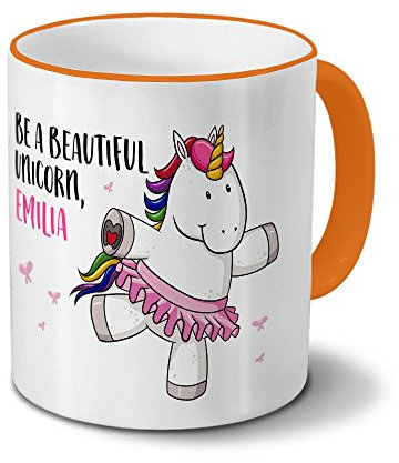 printplanet Tasse mit Namen Emilia - Motiv Witziges Einhorn - Namenstasse, Kaffeebecher, Mug, Becher, Kaffeetasse - Farbe Orange